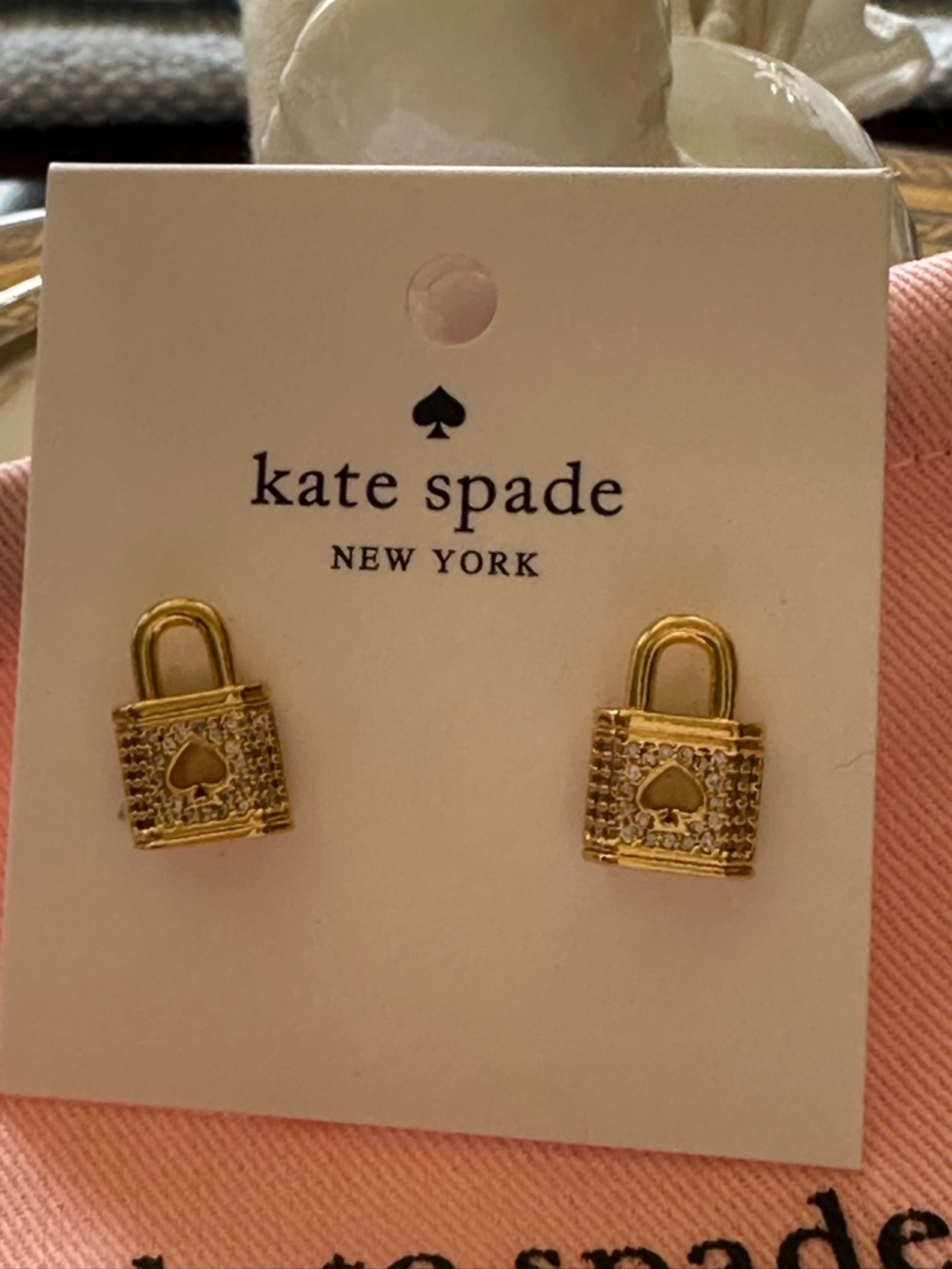 Kate Spade NY Lock and Spade Pave’ gold stud earrings NWT